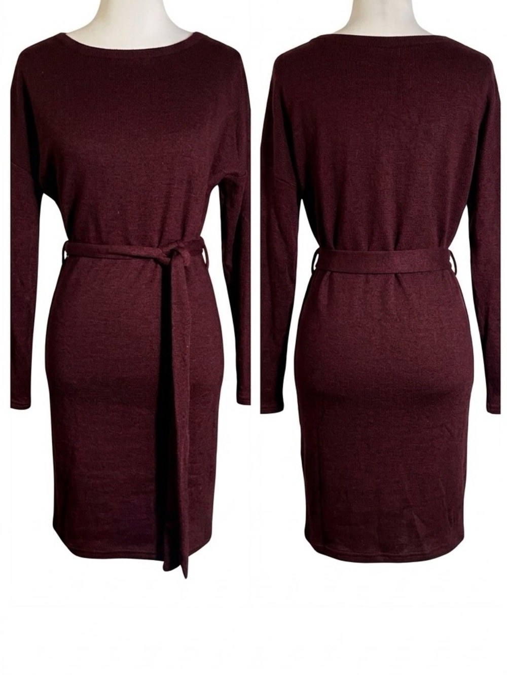 Belted Knit Sheath Dress - Burgundy